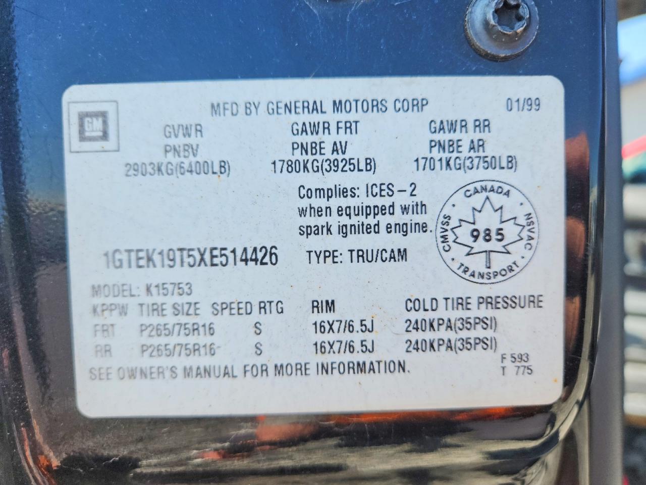 1999 GMC SIERRA VIN 1GTEK19T5XE514426 photo 12