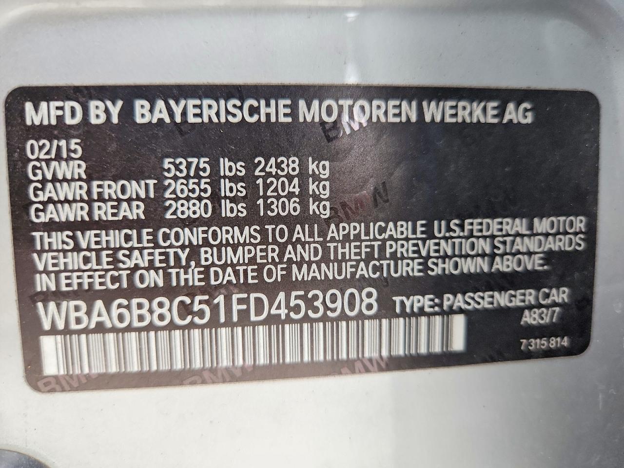 2015 BMW 6 series VIN WBA6B8C51FD453908 photo 12