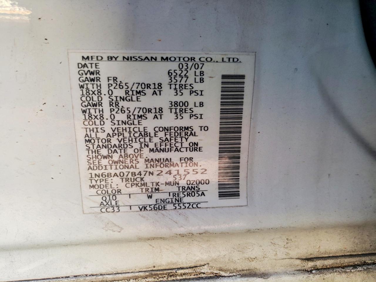 2007 Nissan TITAN VIN 1N6BA07B47N241552 photo 12