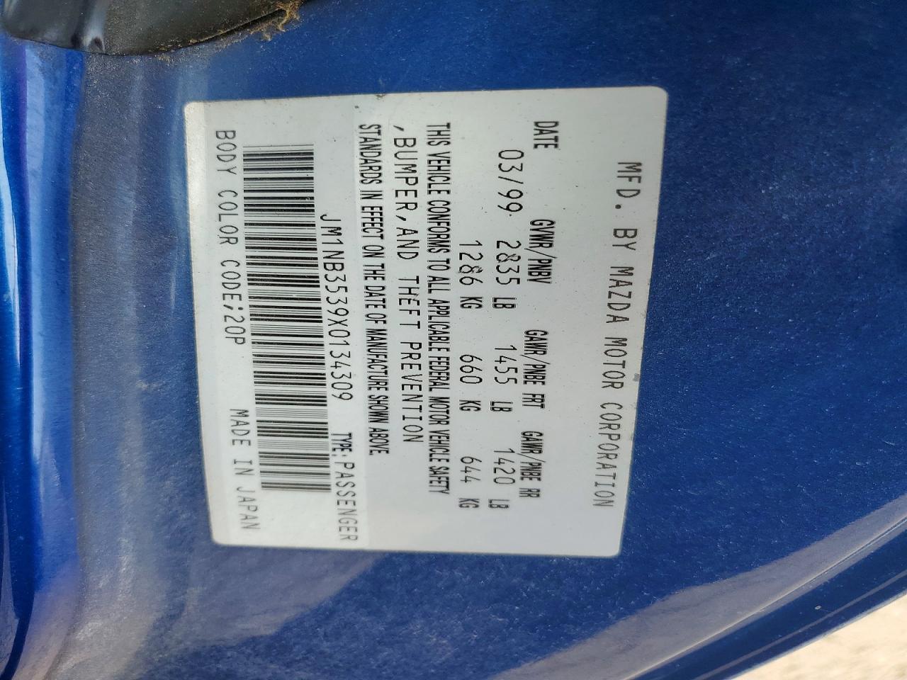 1999 Mazda Mx5 VIN JM1NB3539X0134309 photo 12