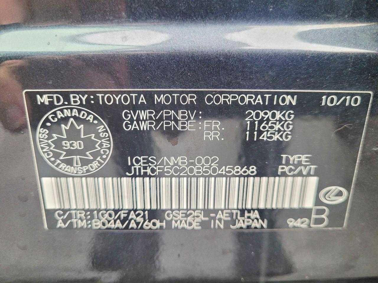 2011 Lexus Is VIN JTHCF5C20B5045868 photo 10