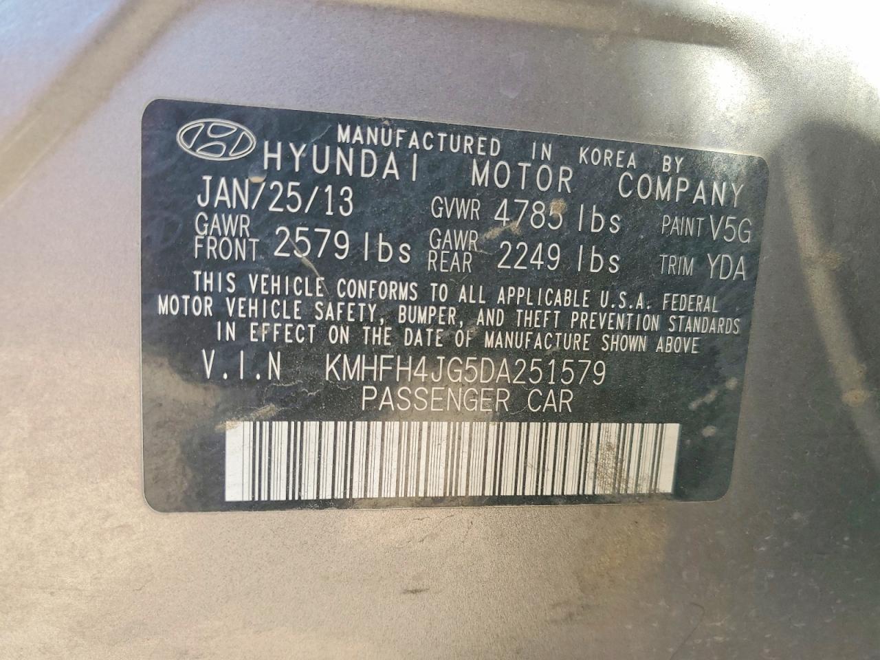2013 Hyundai Azera VIN KMHFH4JG5DA251579 photo 12