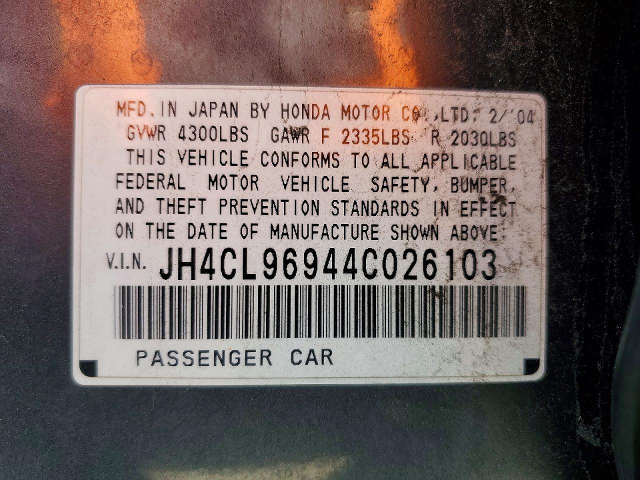 2004 Acura Tsx VIN JH4CL96944C026103 photo 12