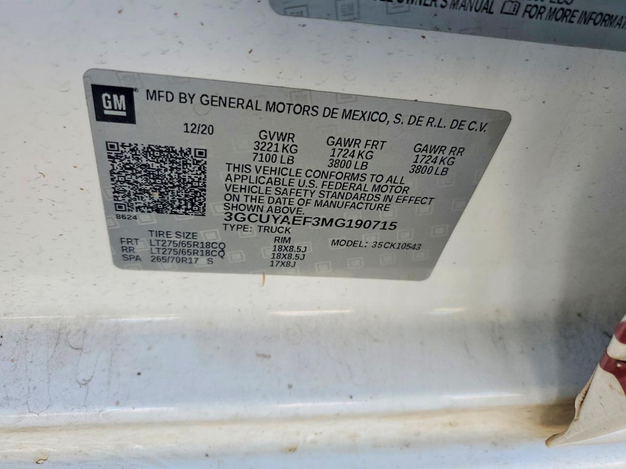 2021 CHEVROLET All models VIN 3GCUYAEF3MG190715 photo 12