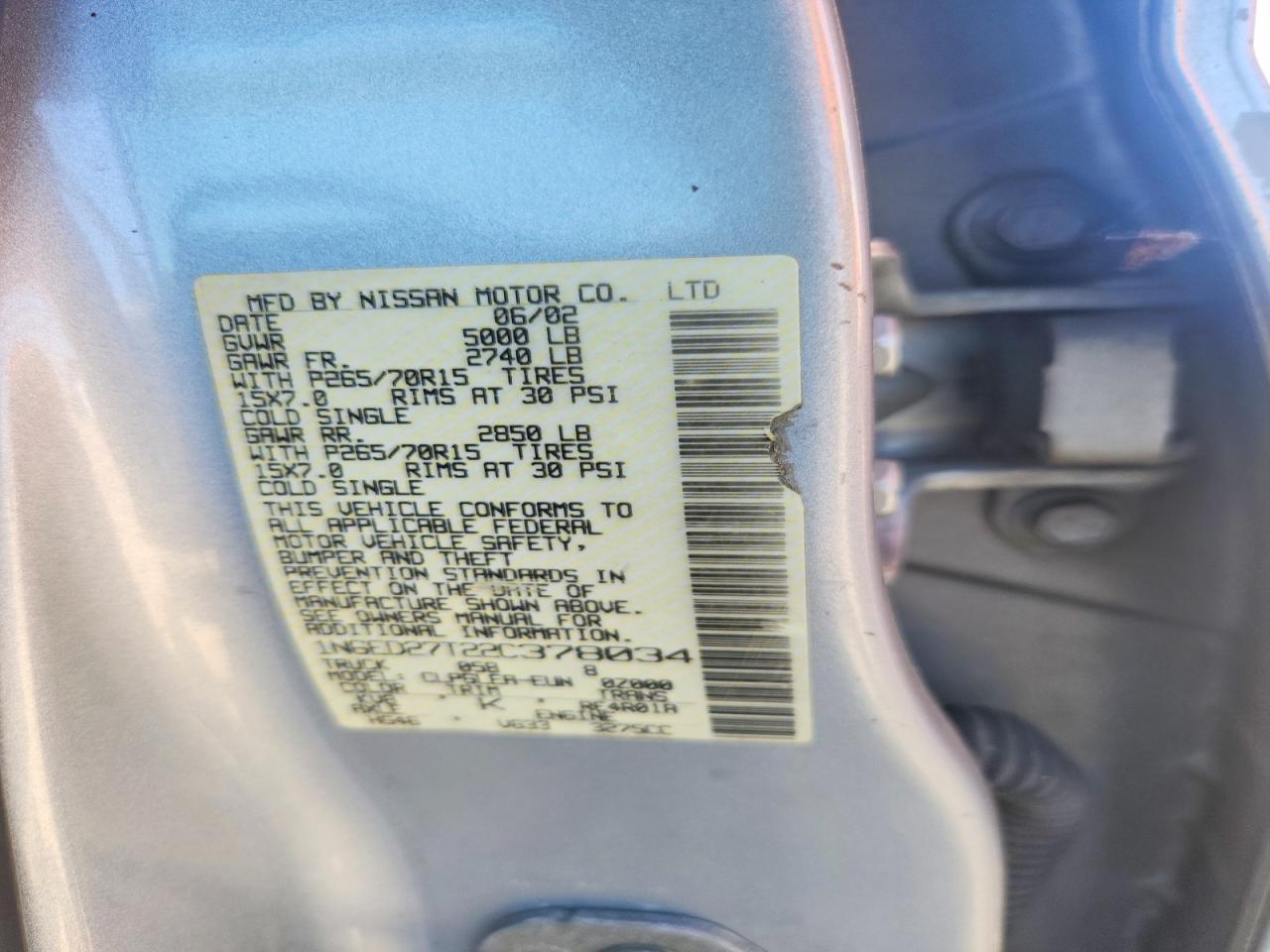 2002 Nissan Frontier VIN 1N6ED27T22C378034 photo 12