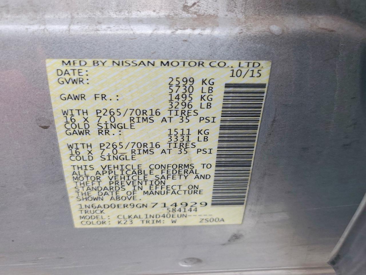 2016 NISS Frontier VIN 1N6AD0ER9GN714929 photo 12