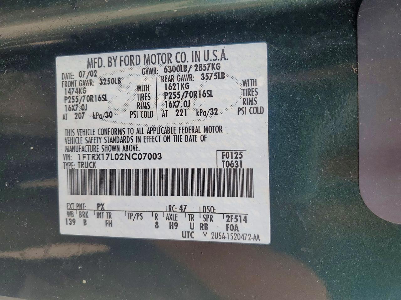 2002 Ford F150 VIN 1FTRX17L02NC07003 photo 12