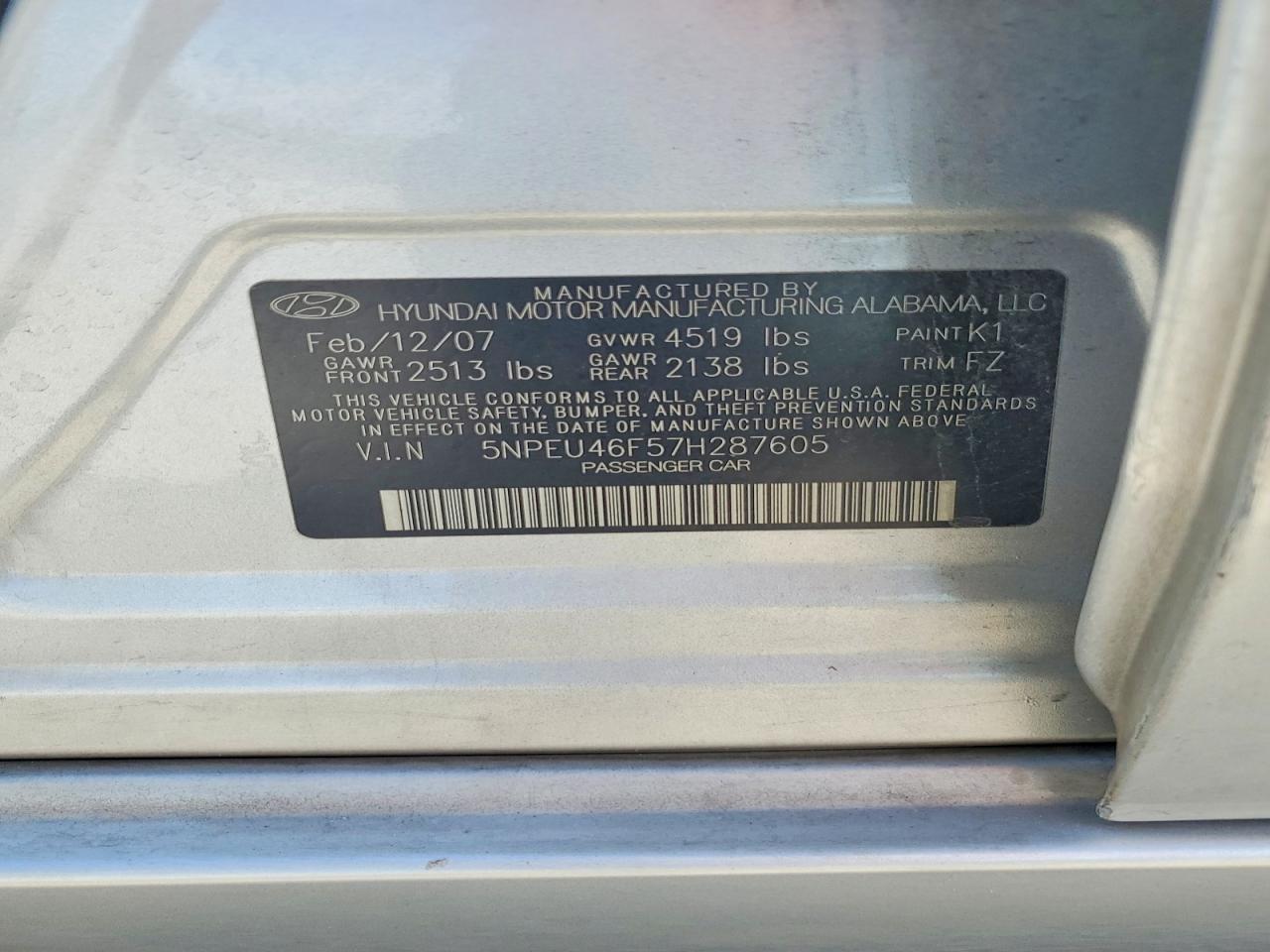 2007 Hyundai Sonata VIN 5NPEU46F57H287605 photo 12