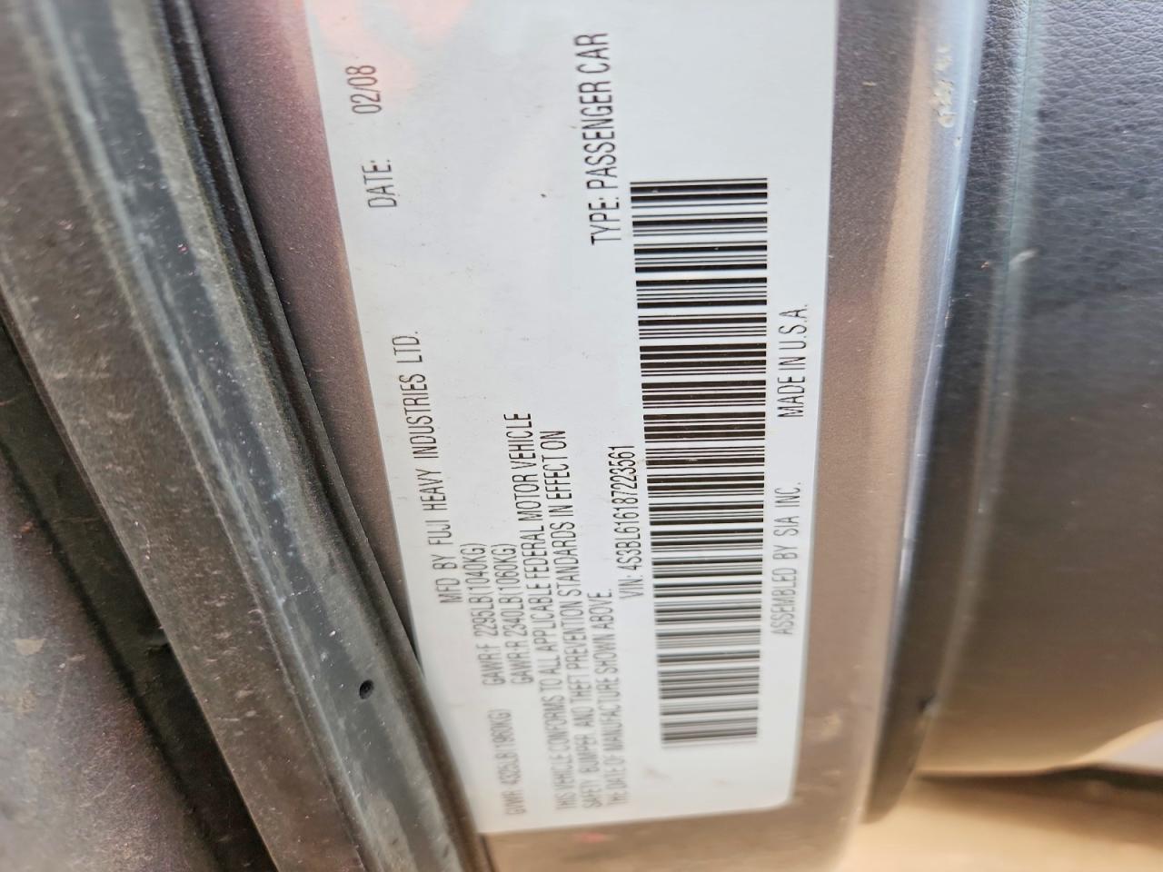 2008 SUBARU LEGACY VIN 4S3BL616187223561 photo 12