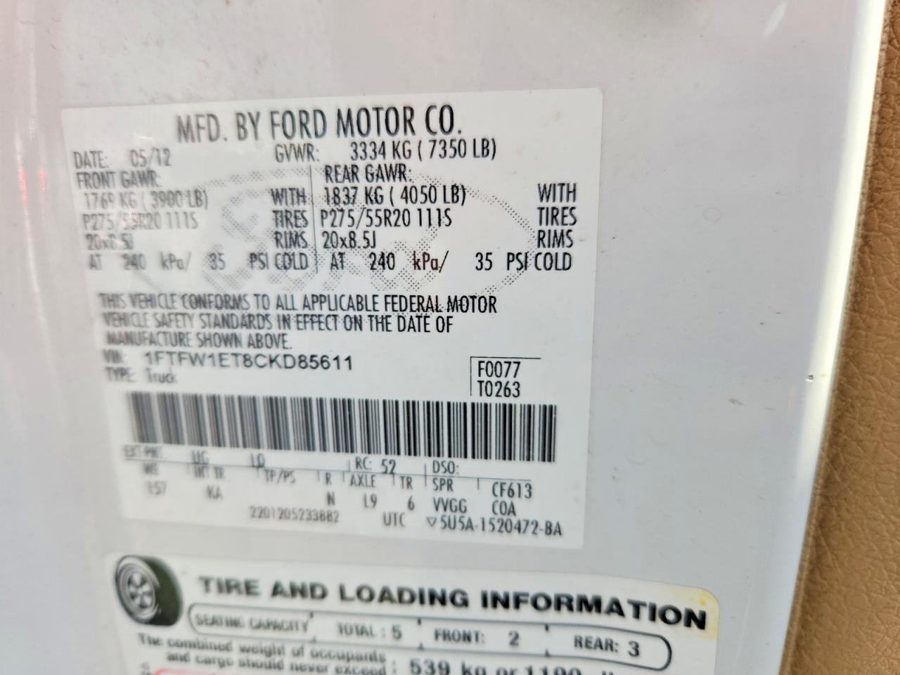 2012 FORD F150 VIN 1FTFW1ET8CKD85611 photo 12