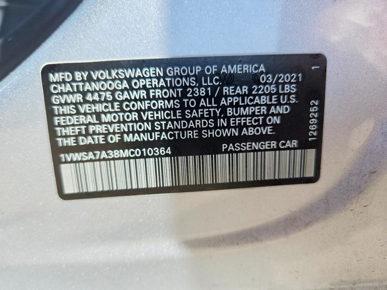 2021 Passat VIN 1VWSA7A38MC010364 photo 12