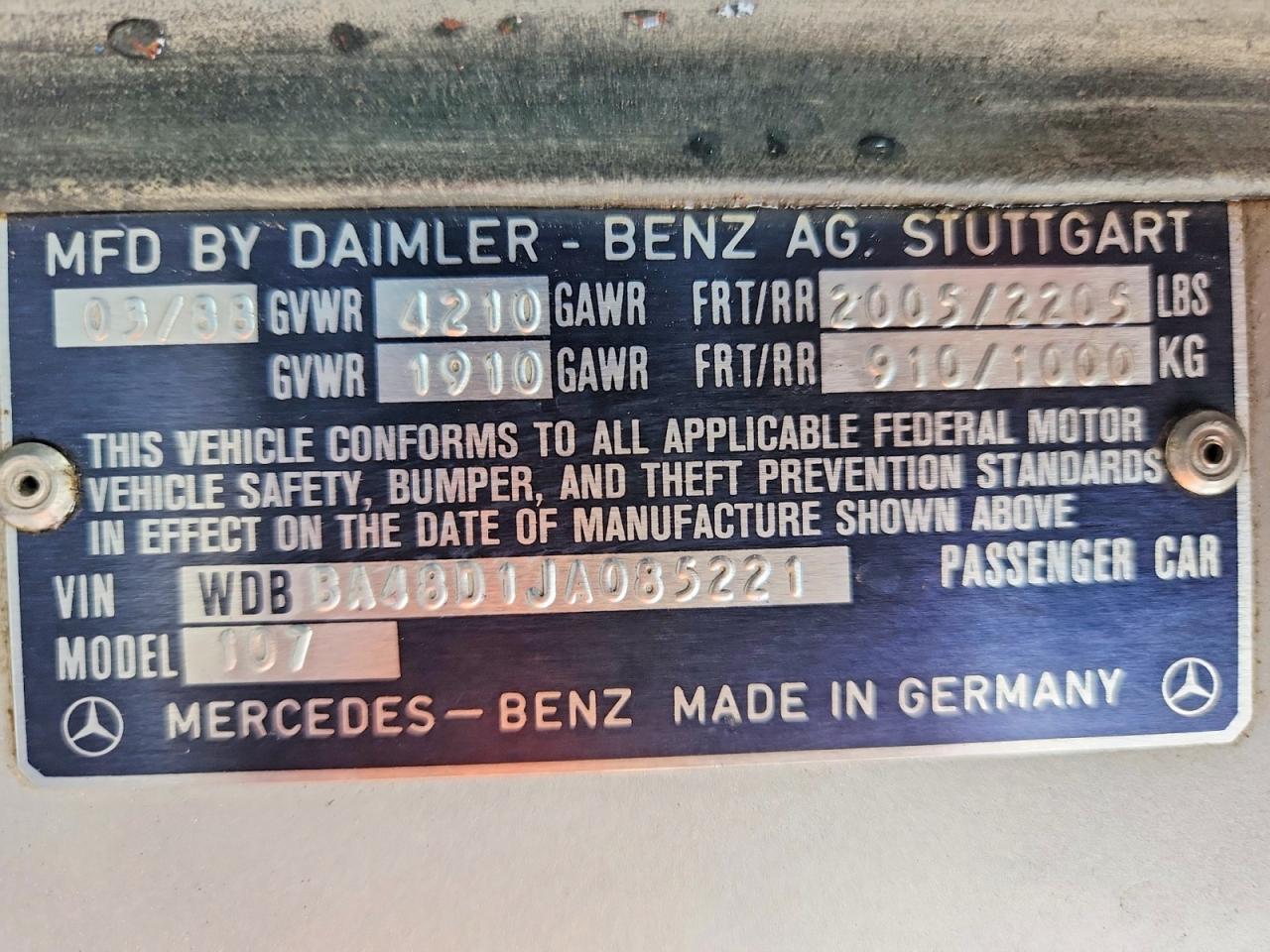1988 Mercedes-Benz Sl-class VIN WDBBA48D1JA085221 photo 12