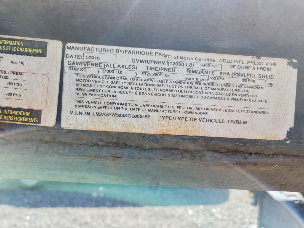 2016 KAUFMAN 3-car trl VIN 5VGFW503XGL005457 photo 10