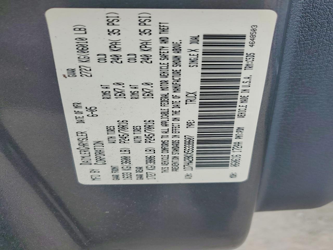 2005 DODGE Dakota VIN 1D7HW28KX5S338607 photo 12