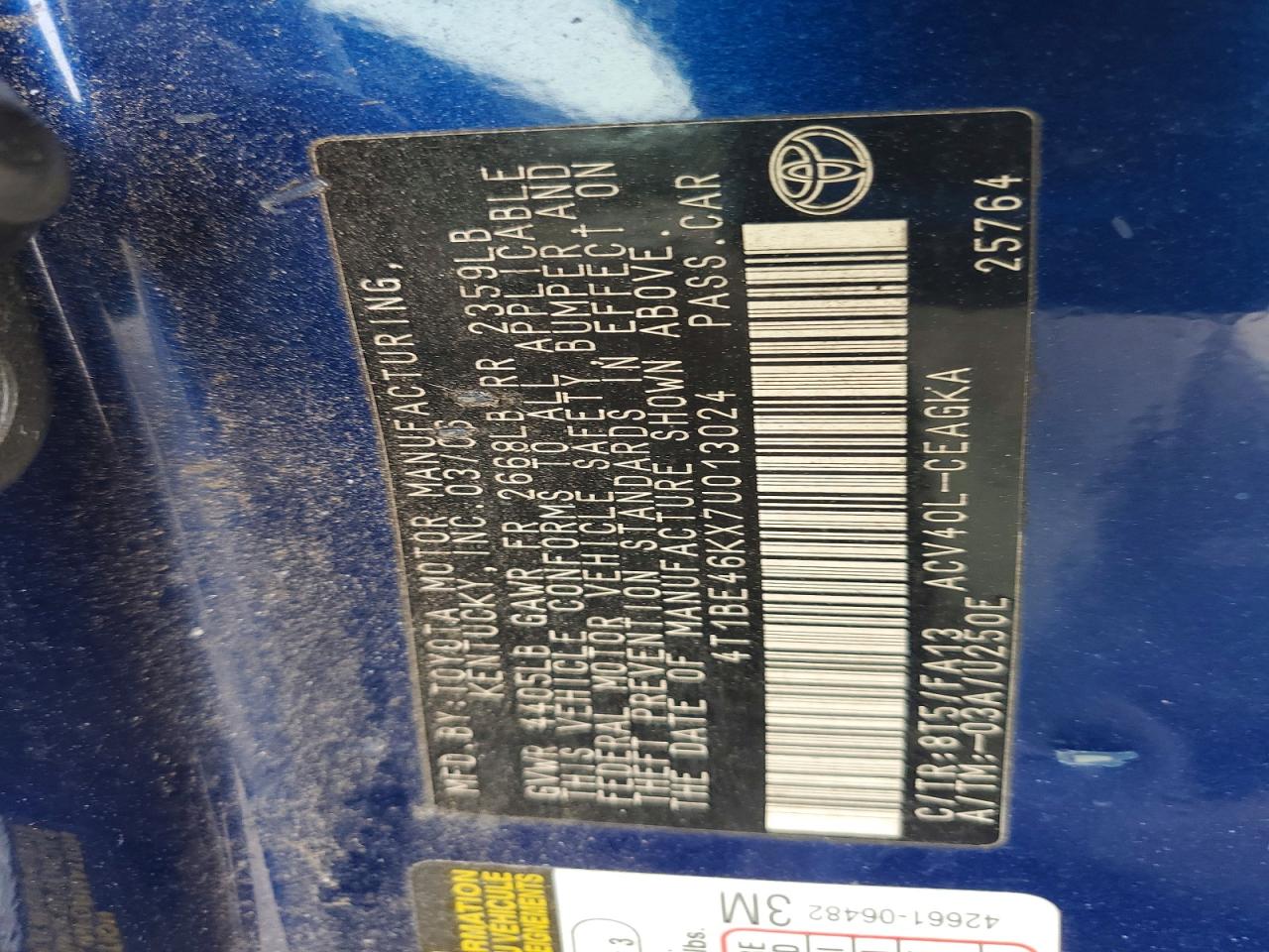 2007 Toyota Camry VIN 4T1BE46KX7U013024 photo 12