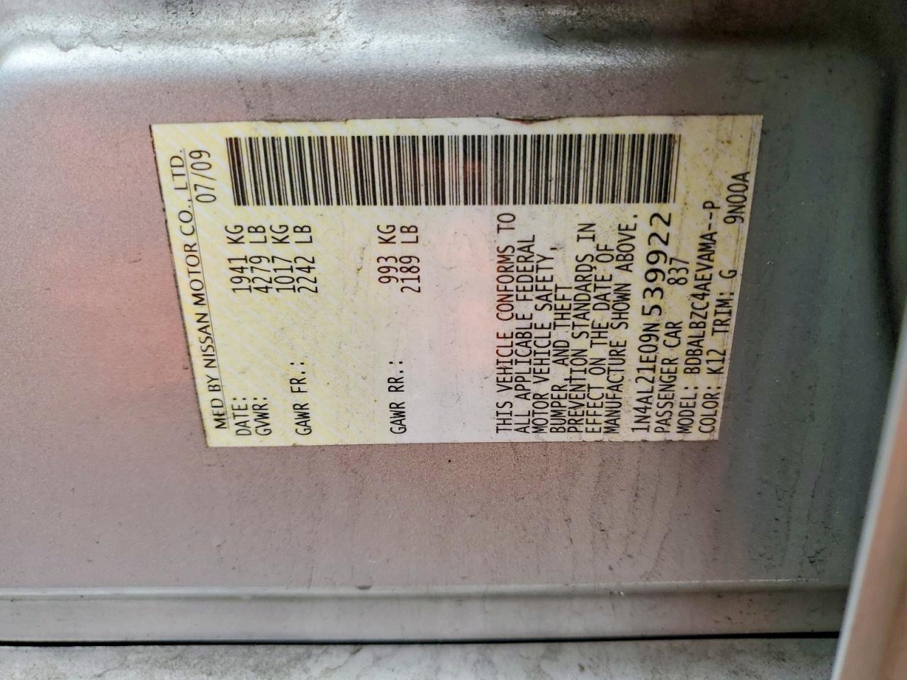 2009 NISS Altima VIN 1N4AL21E09N539922 photo 12