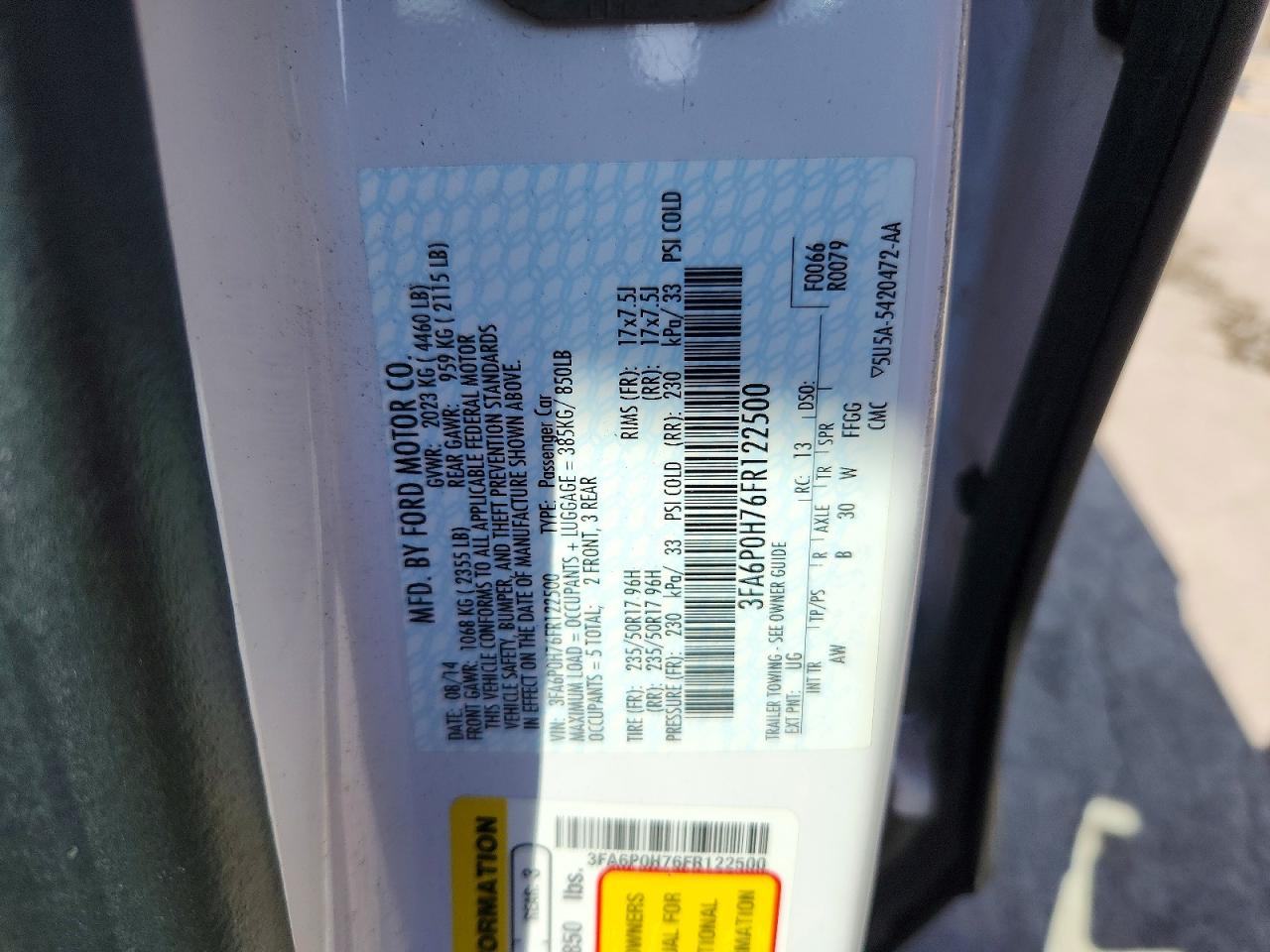2015 Ford Fusion VIN 3FA6P0H76FR122500 photo 12