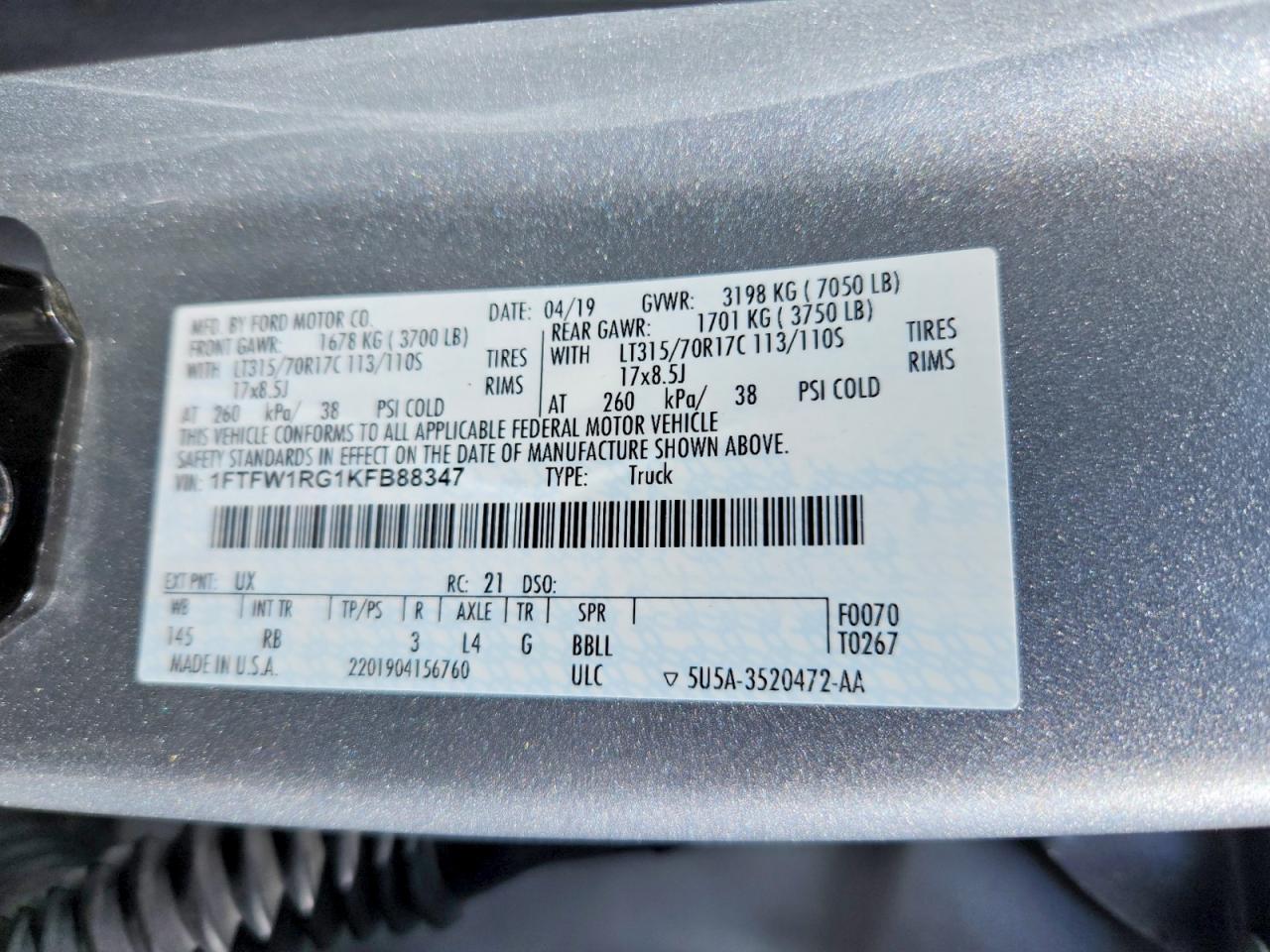 2019 Ford F150 VIN 1FTFW1RG1KFB88347 photo 12
