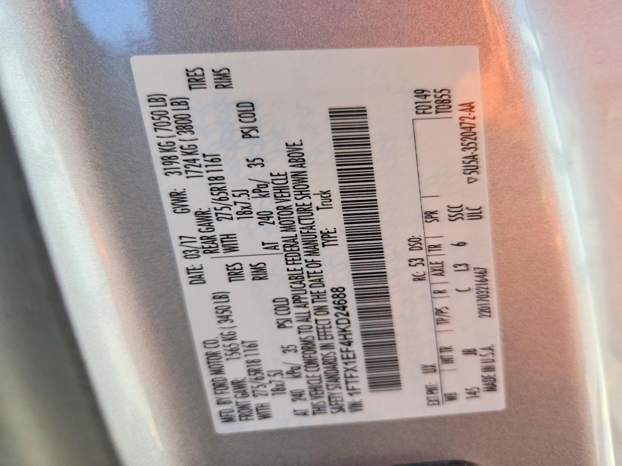 2017 Ford F-150 VIN 1FTFX1EF4HKD24688 photo 12