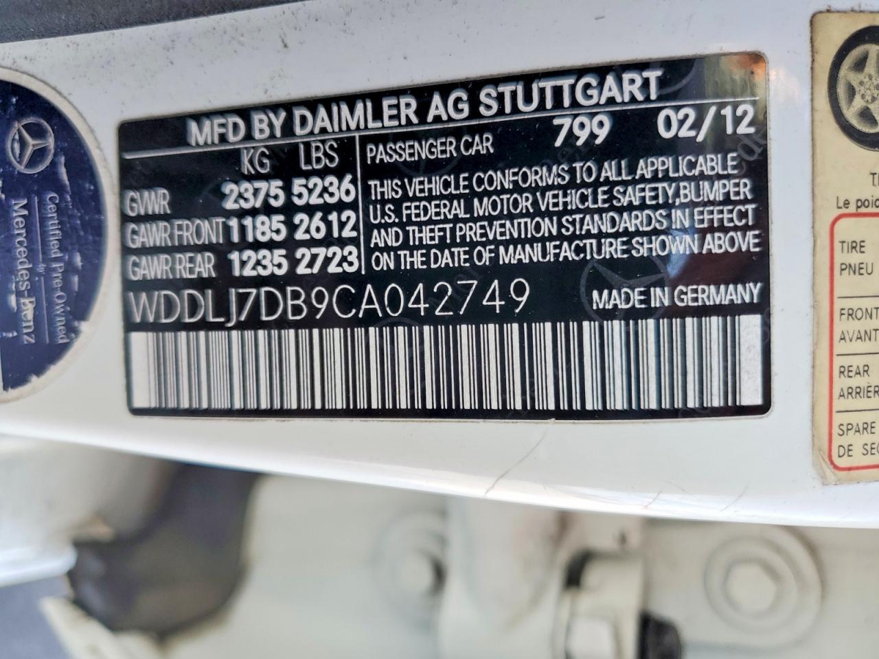 2012 Mercedes-Benz Cls-class VIN WDDLJ7DB9CA042749 photo 12