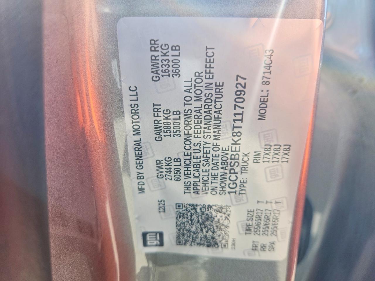 2026 CHEV Colorado VIN 1GCPSBEK8T1170927 photo 12