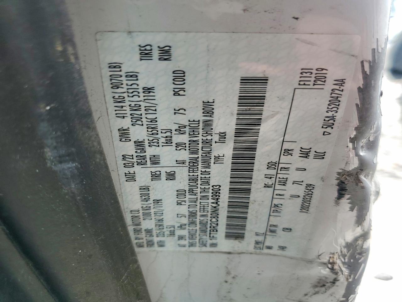 2022 Ford Transit VIN 1FTBR2C80NKA49903 photo 10