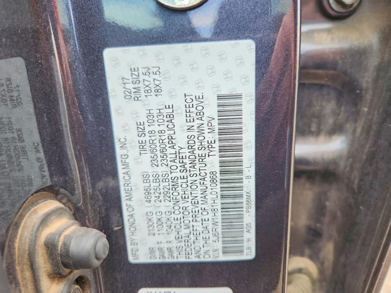 2017 Honda Crv VIN 5J6RW1H81HL010868 photo 12