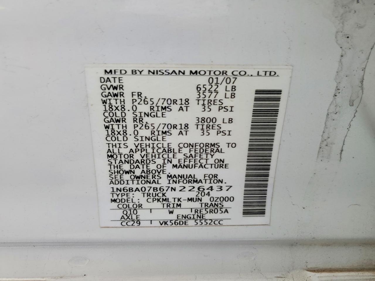 2007 NISS All models VIN 1N6BA07B67N226437 photo 12