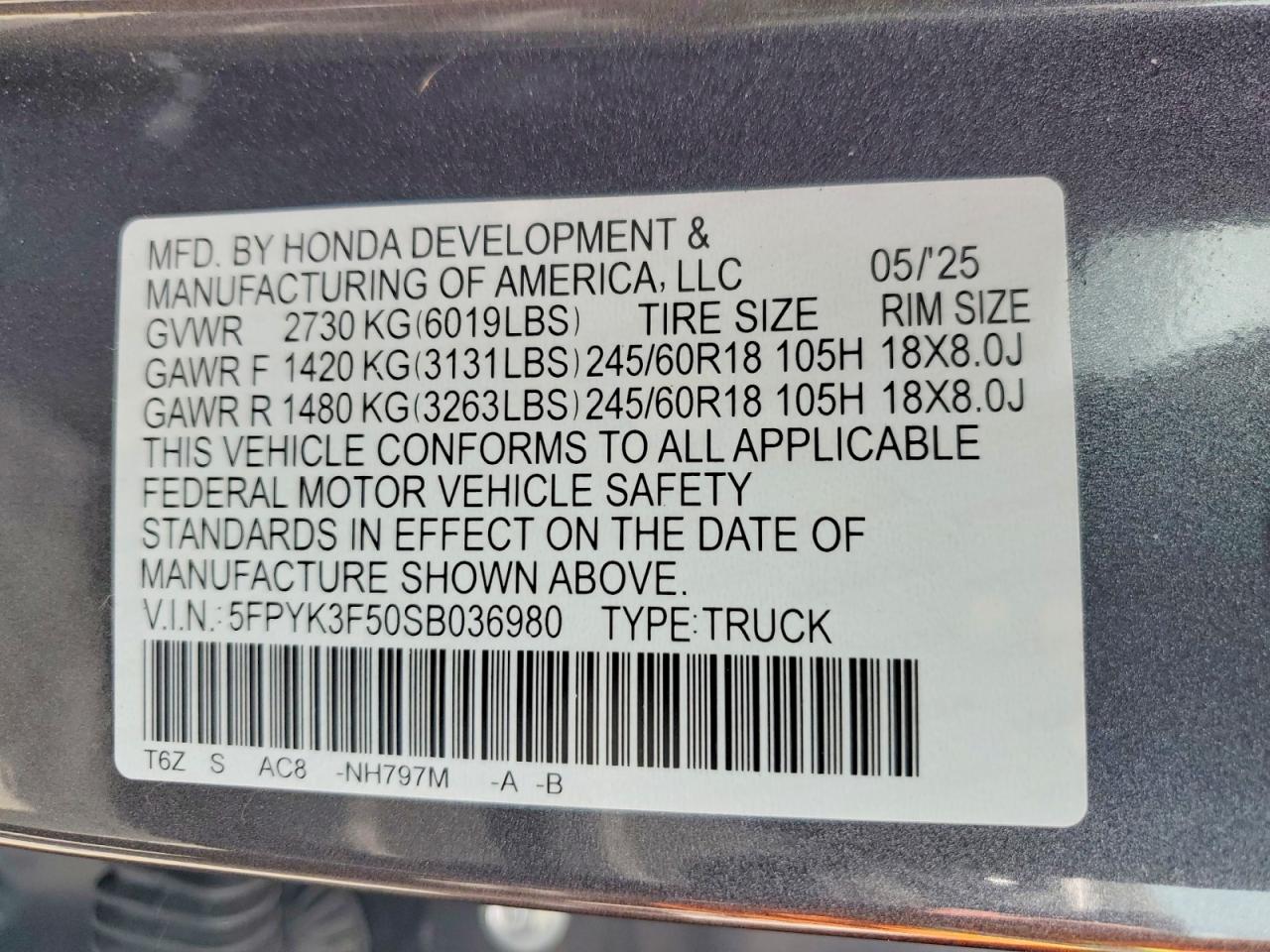 2025 Honda Ridgeline VIN 5FPYK3F50SB036980 photo 12