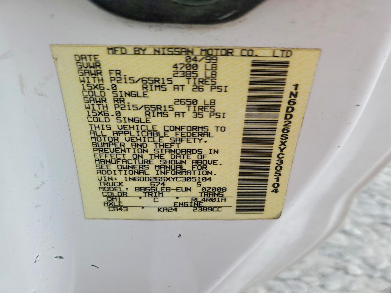 2000 Nissan Frontier VIN 1N6DD26SXYC305104 photo 12