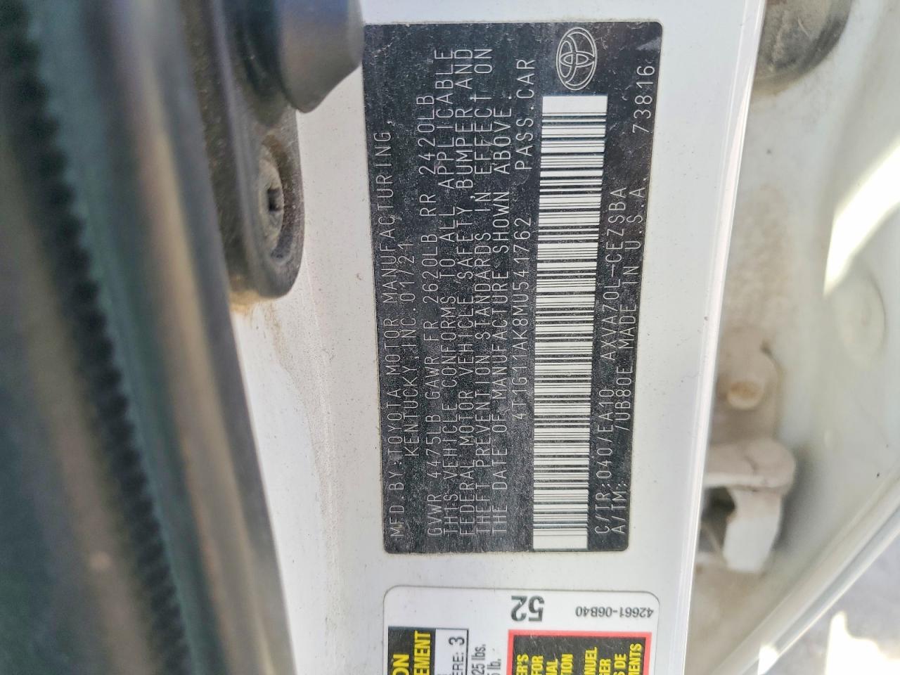 2021 TOYOTA Camry VIN 4T1G11AK8MU541762 photo 12