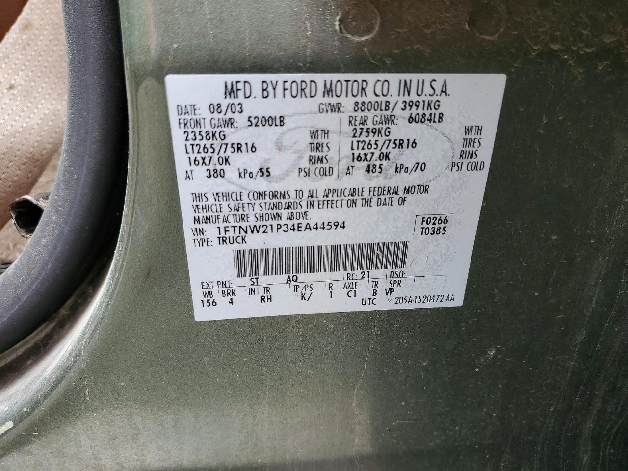 2004 Ford F250 VIN 1FTNW21P34EA44594 photo 12