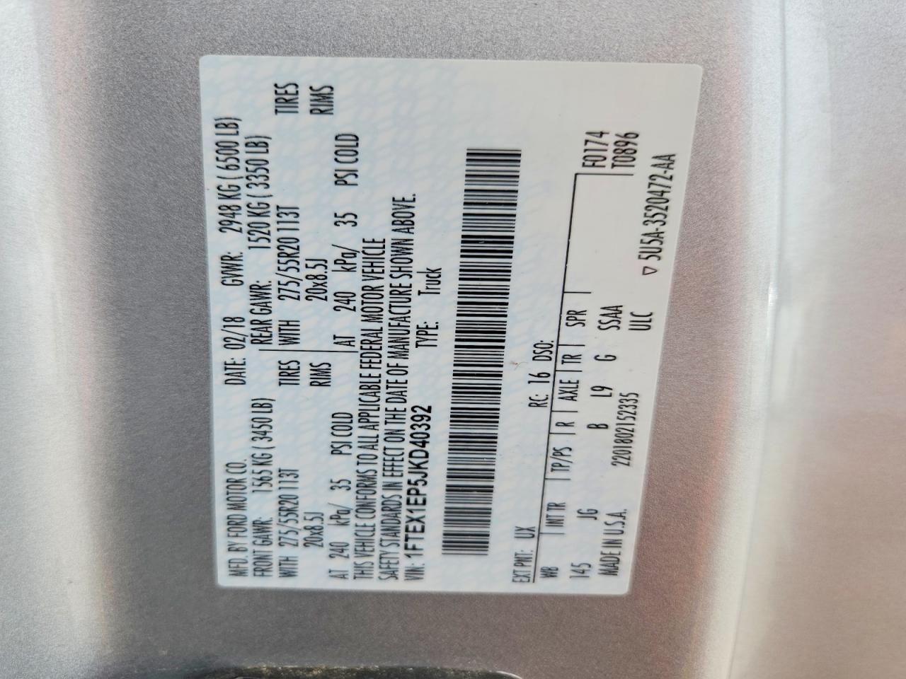 2018 Ford F150 VIN 1FTEX1EP5JKD40392 photo 12