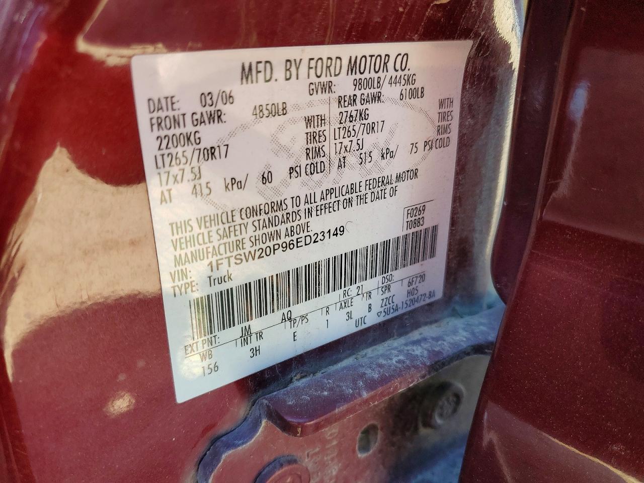 2006 Ford F250 VIN 1FTSW20P96ED23149 photo 12