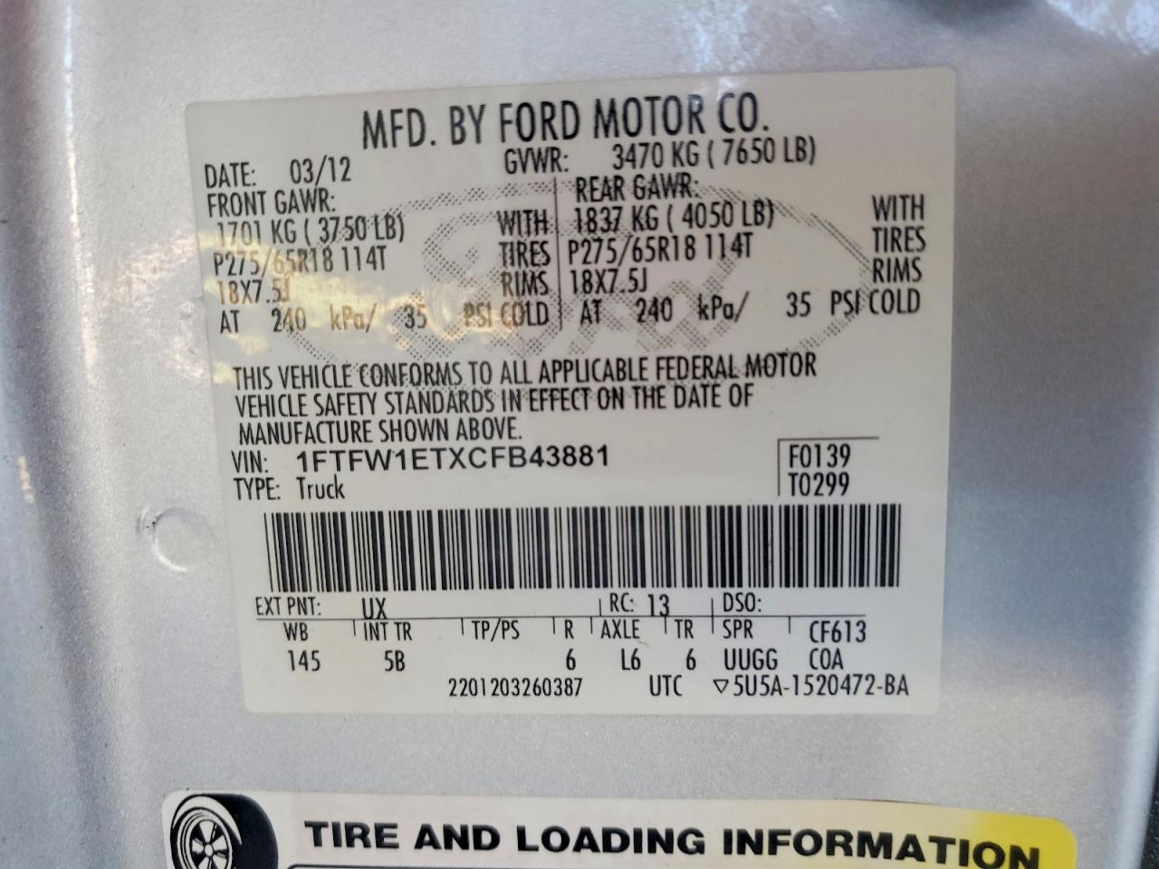 2012 Ford F150 VIN 1FTFW1ETXCFB43881 photo 12