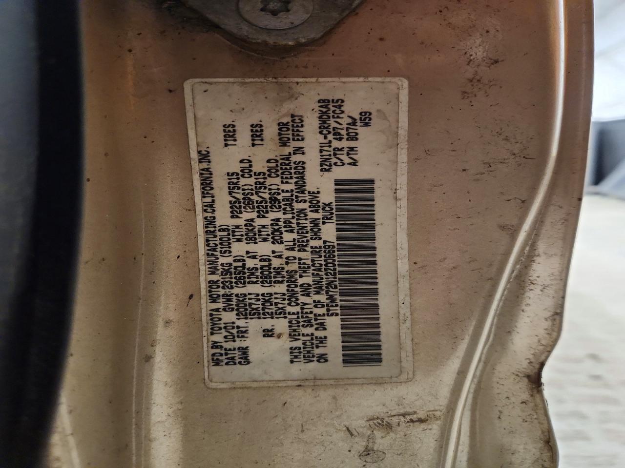 2002 TOYOTA Tacoma VIN 5TEWM72N12Z006697 photo 12