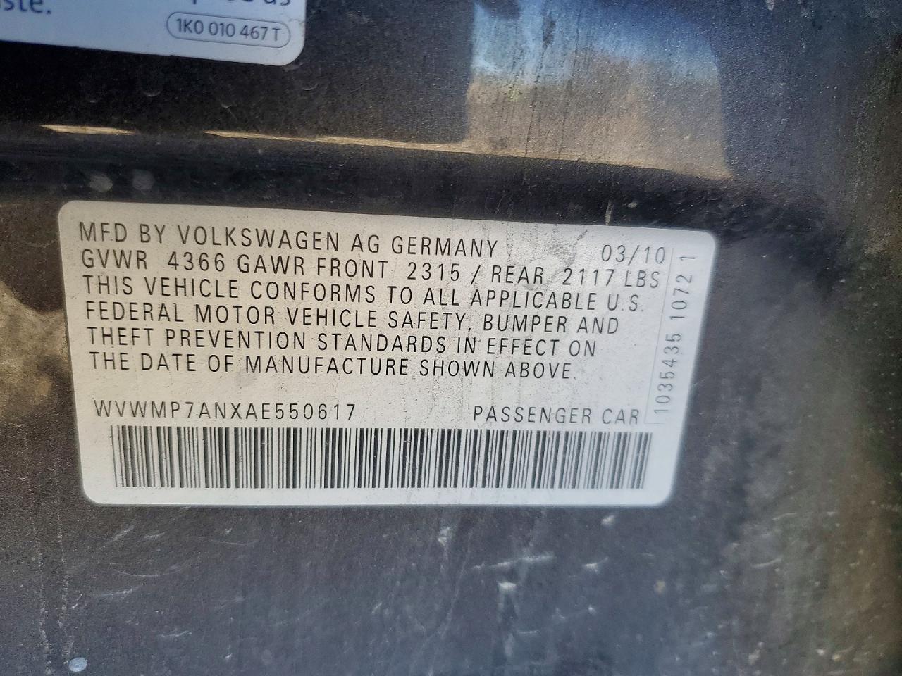 2010 Volkswagen Cc VIN WVWMP7ANXAE550617 photo 12
