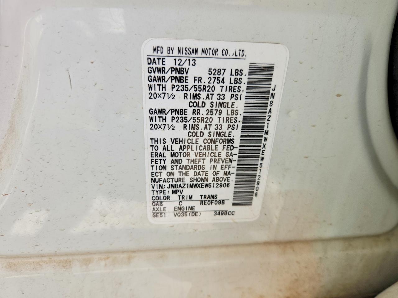2014 Nissan Murano VIN JN8AZ1MWXEW512906 photo 12
