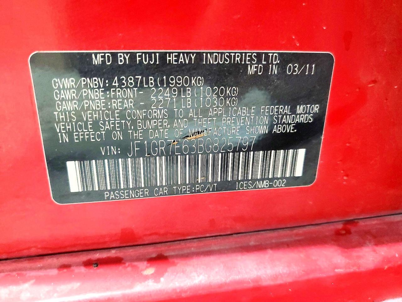 2011 Subaru Wrx VIN JF1GR7E63BG825797 photo 12