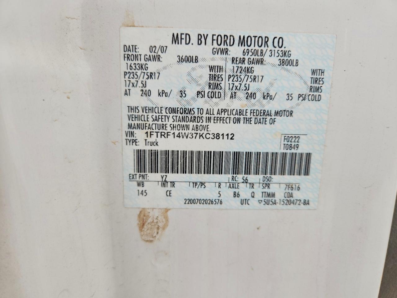 2007 Ford F150 VIN 1FTRF14W37KC38112 photo 12