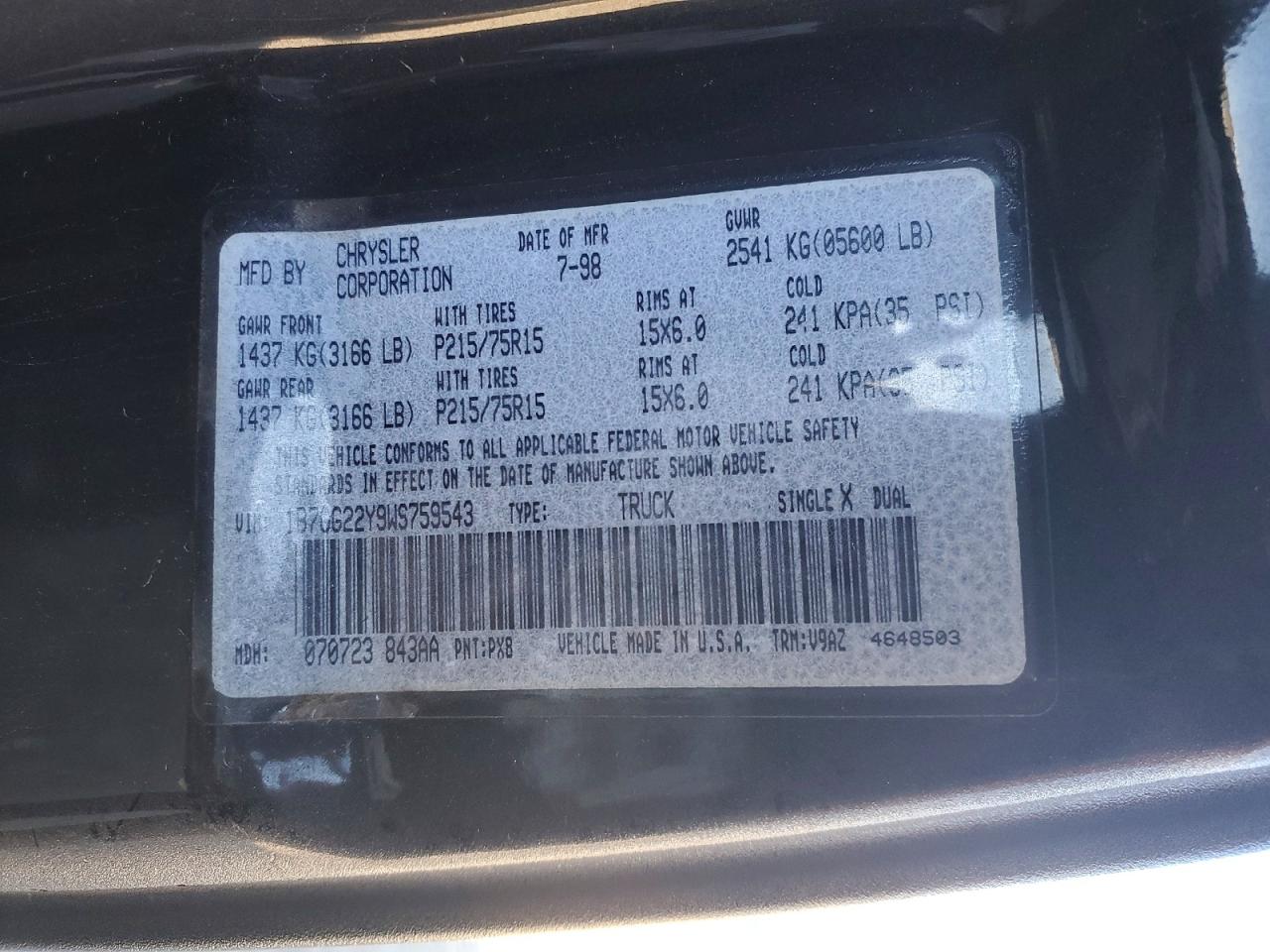 1998 Dodge Dakota VIN 1B7GG22Y9WS759543 photo 12