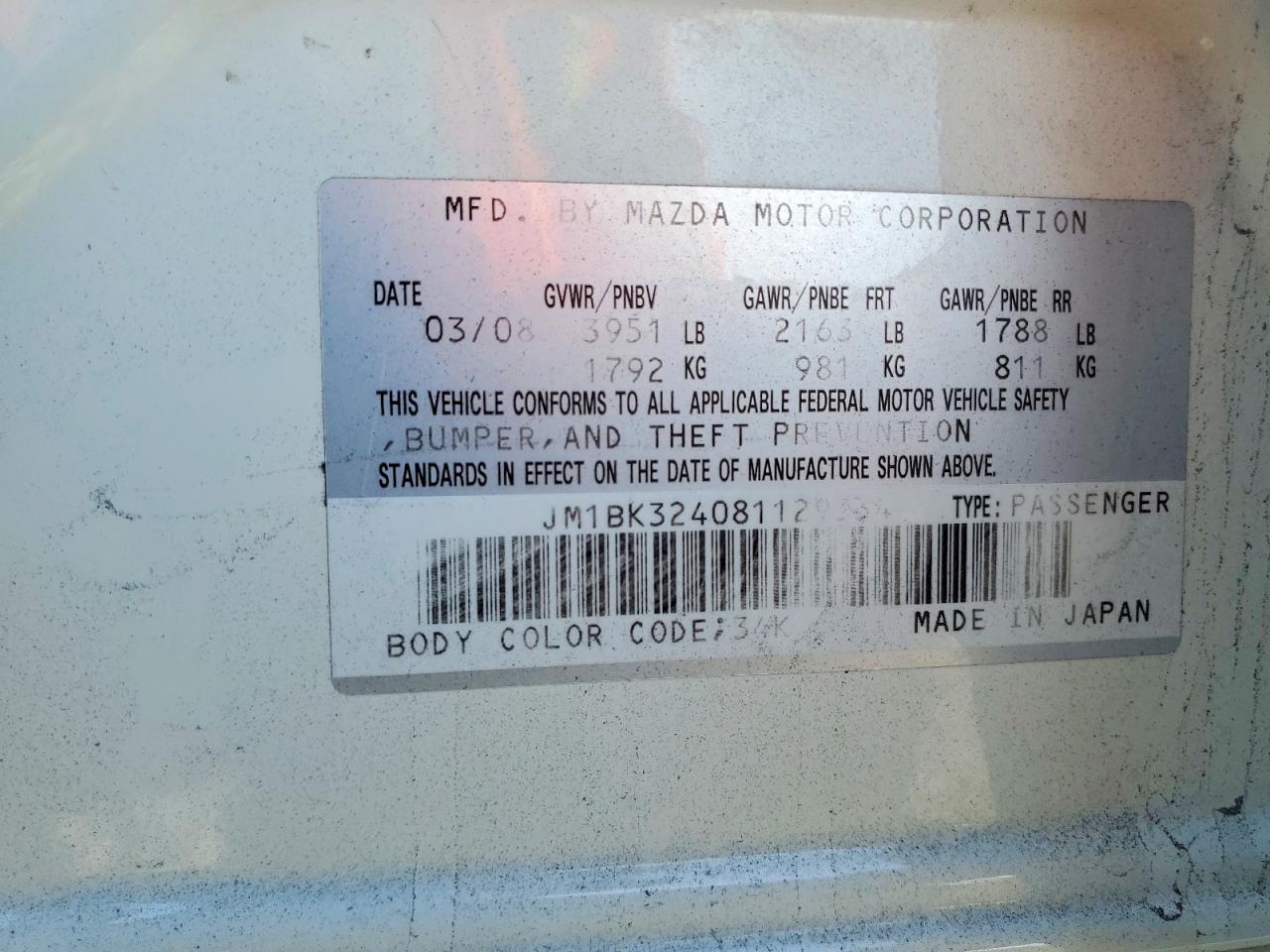 2008 MAZD 3 VIN JM1BK324081129334 photo 12