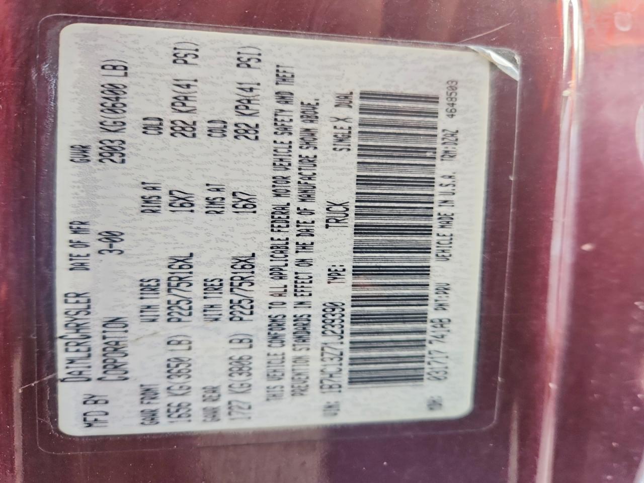 2001 Ram Ram pickup VIN 1B7HC13Z71J239390 photo 12