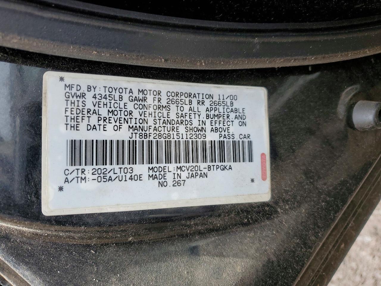 2001 Lexus Es300 VIN JT8BF28G815112309 photo 12