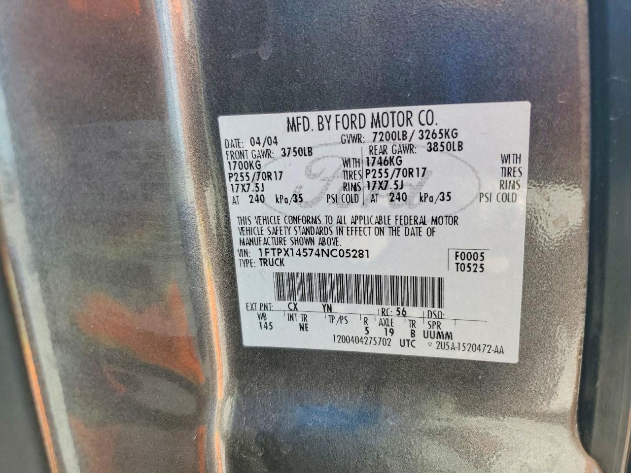 2004 FORD F150 VIN 1FTPX14574NC05281 photo 12
