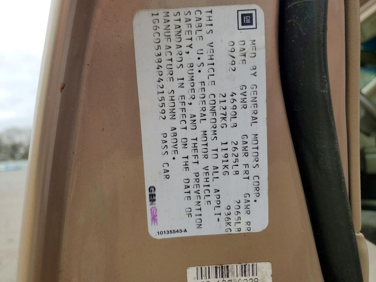 1993 Cadillac Deville VIN 1G6CD53B4P4215592 photo 12