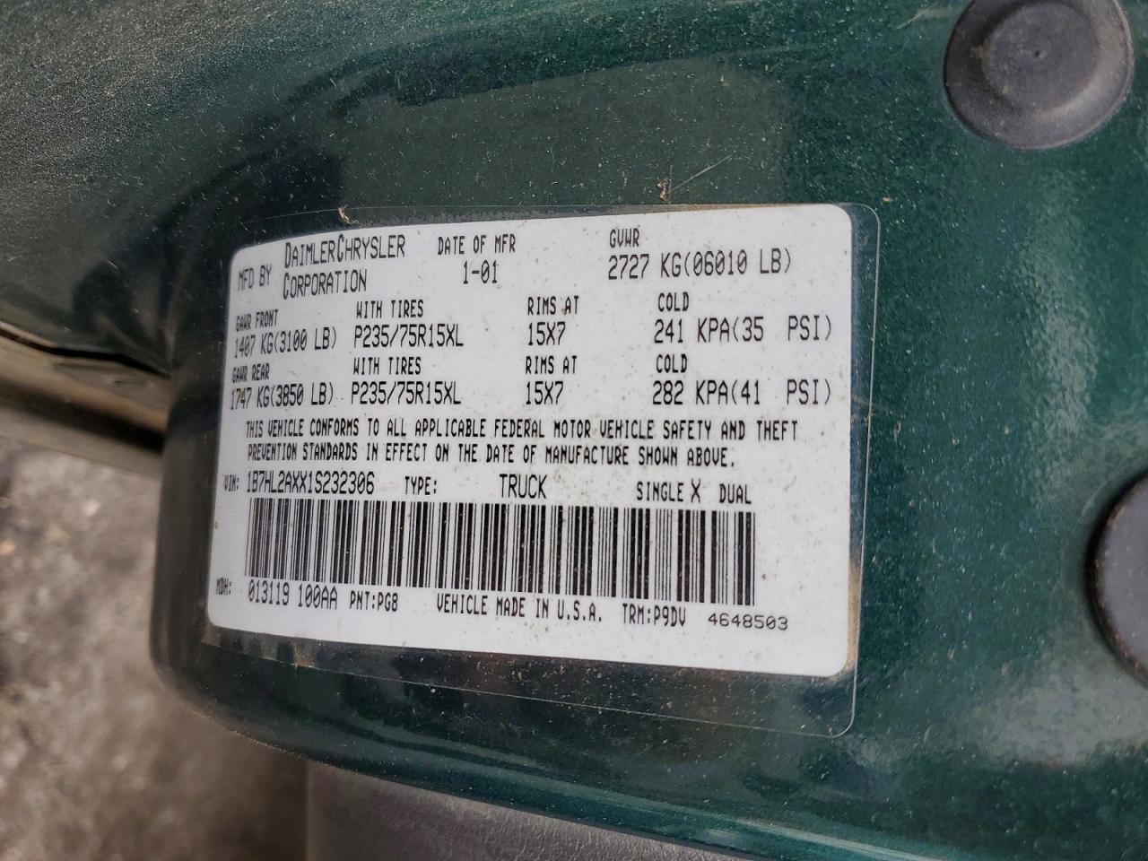 2001 Dodge Dakota VIN 1B7HL2AXX1S232306 photo 12