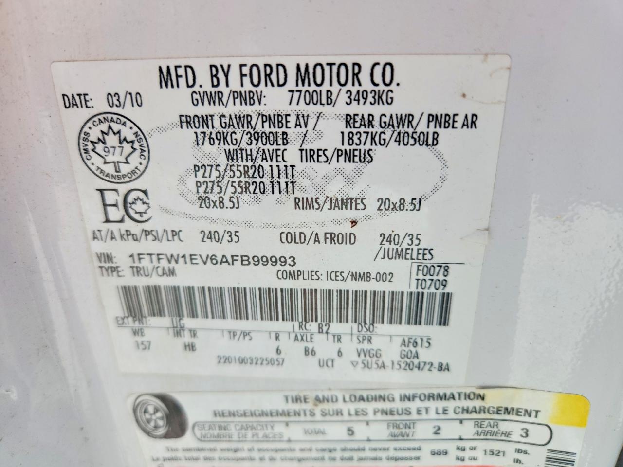 2010 Ford F150 VIN 1FTFW1EV6AFB99993 photo 12