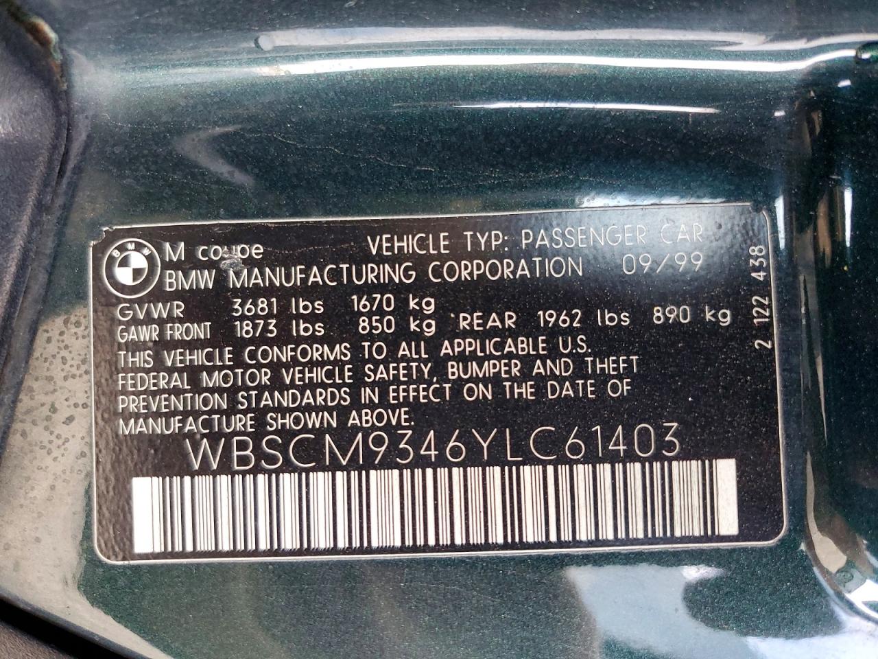 2000 BMW M3 VIN WBSCM9346YLC61403 photo 12