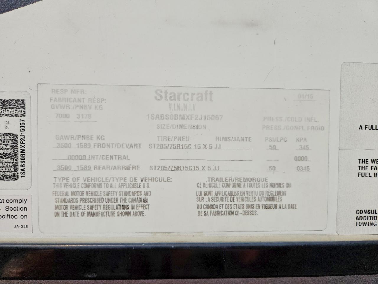 2015 STARCRAFT Trave244ds VIN 1SABS0BMXF2J15067 photo 10